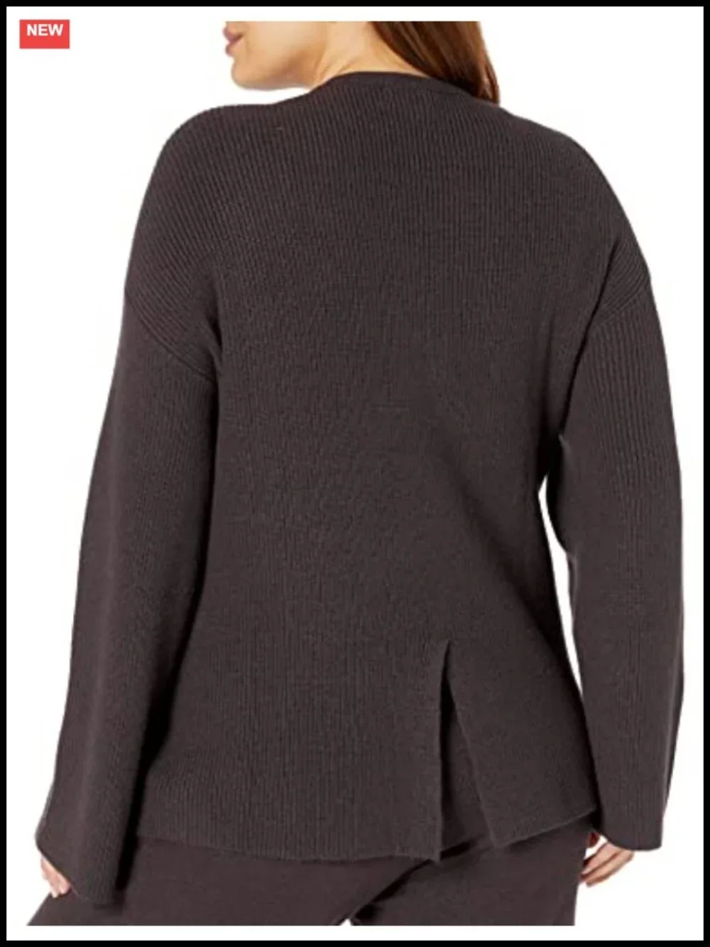 Ribbed Pullover Sweater, Bell Sleeve, Crew Neck, Side Slit